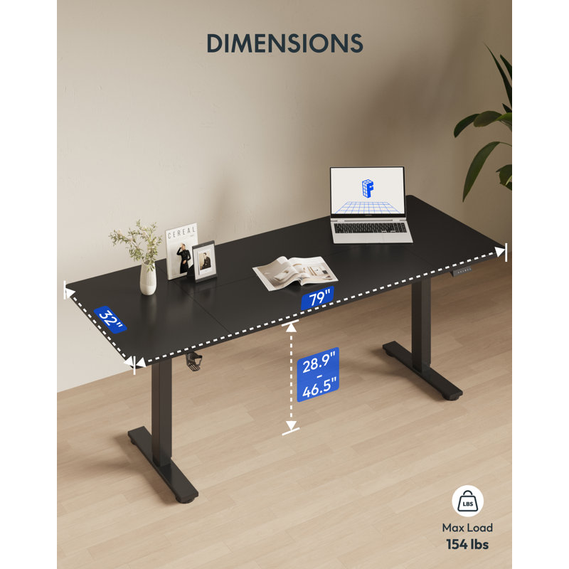 Large Electric Standing Desk With Splice Top And Headphone Hook, 79" W x 32" D, Black, Black