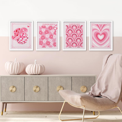 " Watercolor Pink Heart Circle Flower Collages Patterns " 4 - Pieces
