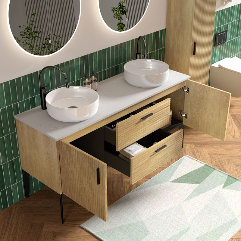 Meuble-lavabo double 60 po avec plateau en pierre reconstituée et vasques en céramique