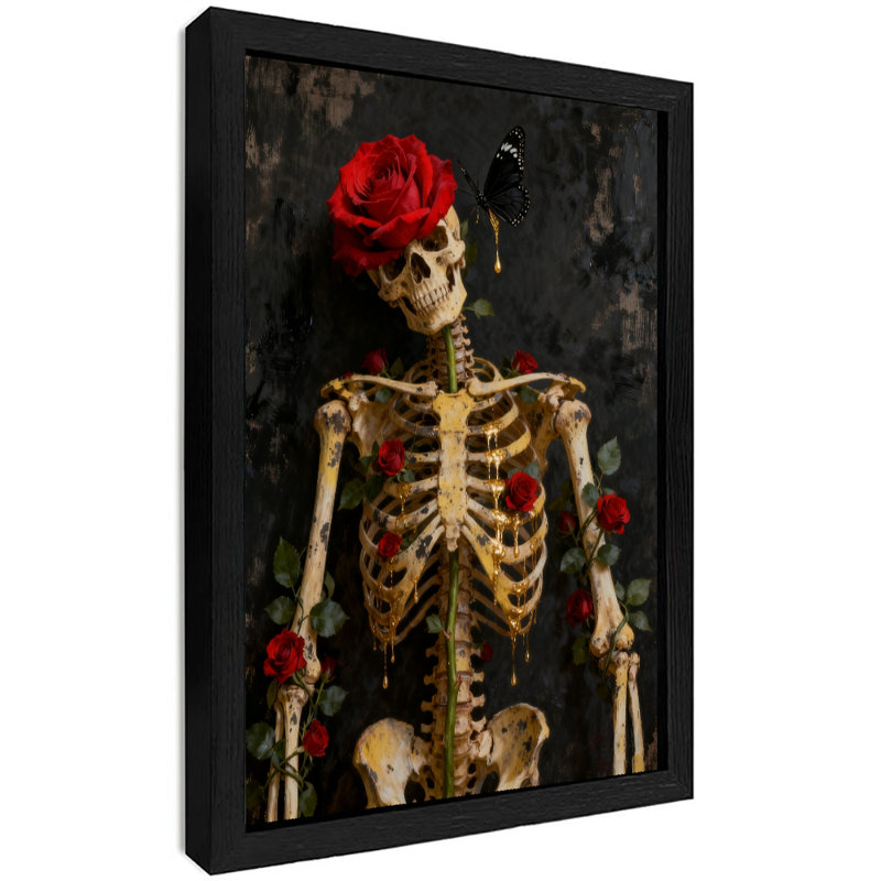 Art mural rétro noir squelette et rose encadré de style fantôme squelette foncé, H 37 po x l 25 po