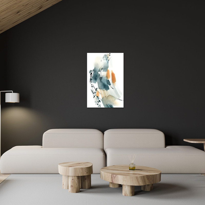 Abstrait en bleu et impression terre cuite sur verre acrylique, H 24 po x l 16 po x P 0,25 po