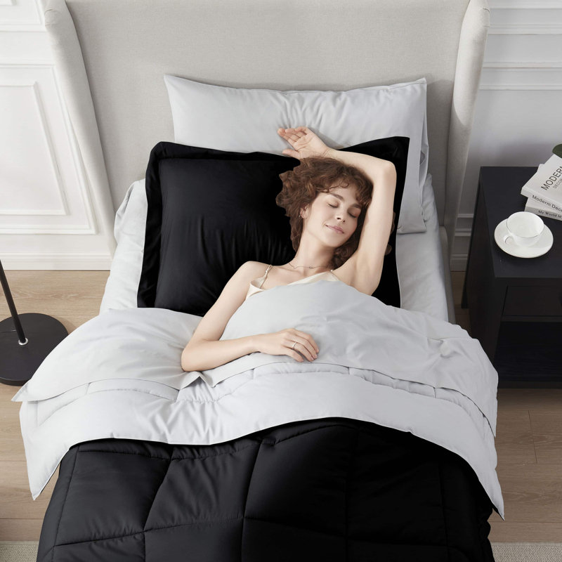 Bed-in-A-Bag Reversible Comforter Set with Bed Sheets & Down Alternative Pillows, Black