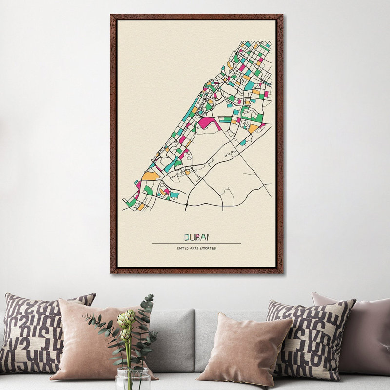 Dubai, United Arab Emirates Map by Ayse Deniz Akerman - Floater Frame Print on Canvas