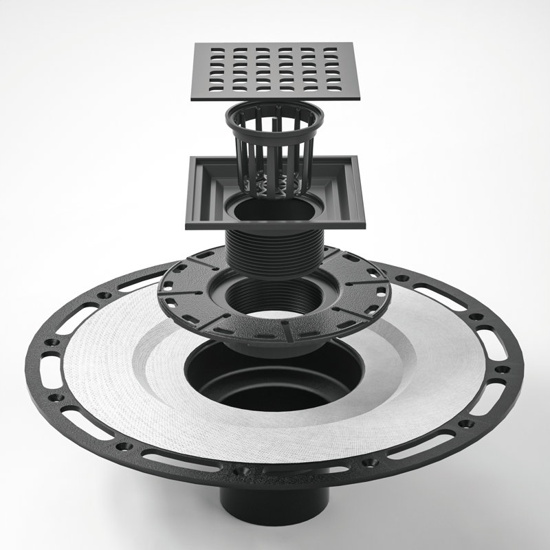 4 In. X 4 In. Stainless Steel Square Shower Drain With PVC Bonding Flange, Matte Black