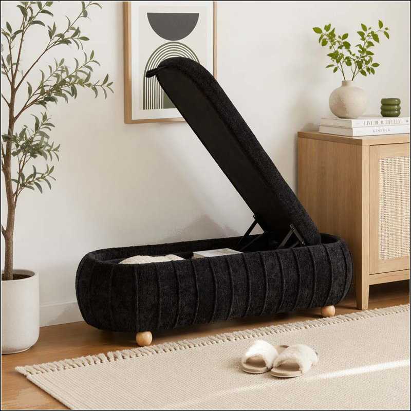 Banc de rangement en chenille 55,25 pouces avec pieds en bois d'hévéa, Noir, Noir