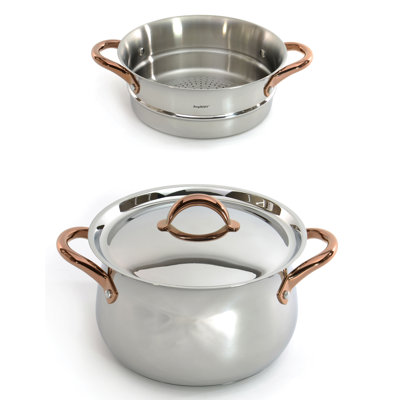 Ensemble de cuiseur vapeur Berghoff Ouro Gold 3pc 18/10 SS, couvercles en acier inoxydable, poignées en or rose