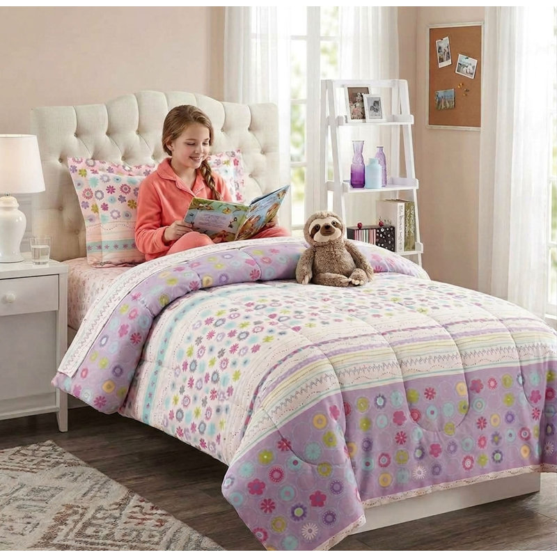 Legacy Decor 2 PC Purple and White Multicolor Floral Print Childrens Comforter Set, Twin Size