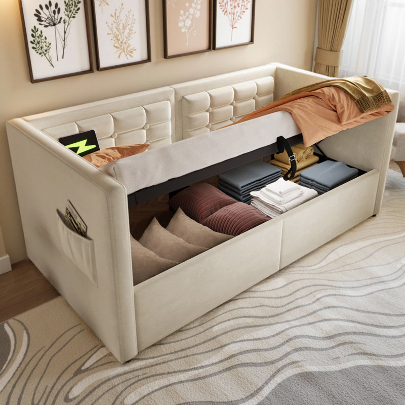 Structure de lit de jour à lit simple en velours avec rangement USB avec charge USB / Type-C, dossier de canapé capitonné et lattes de bois, lit simple tapissier pour petits espaces (capacité de 350 lb)