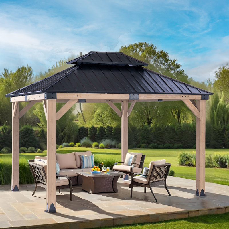 13 Ft. W x 11 Ft. D Cedar Wood Patio Gazebo with Double Metal Roof Hardtop Gazebo