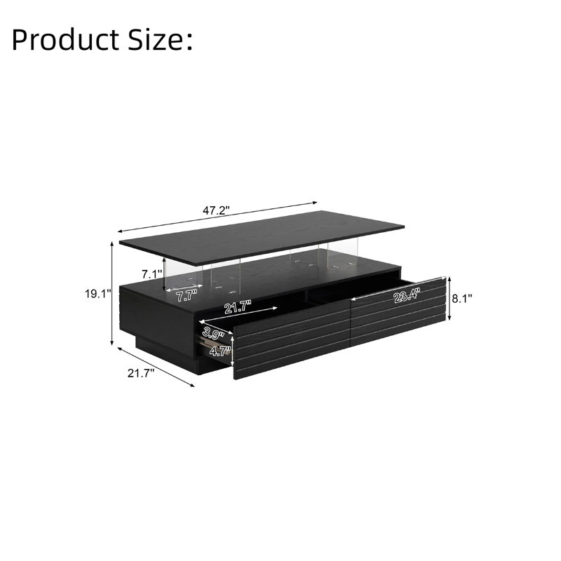 LED Lights Coffee Table with 2 Spacious Drawers,Multi-Colour Lighting, Black