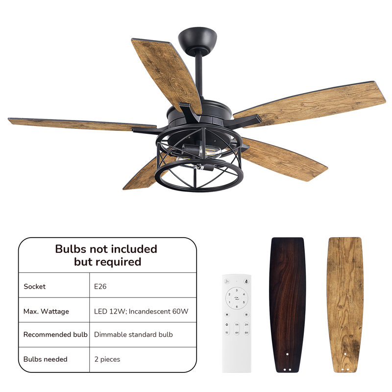 Rasco 52 Inch 5-Blade Wood Ceiling Fan with Light Kit & Remote Control, Espresso Wood/Light Oak