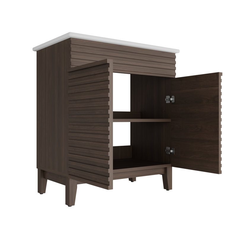 Meuble-lavabo de style Mid-Century de 76 cm (30 pouces) avec armoire marron, lavabo en céramique blanche, rangement sous lavabo, porte à fermeture amortie et motif horizontal à lattes, design moderne et réglable.