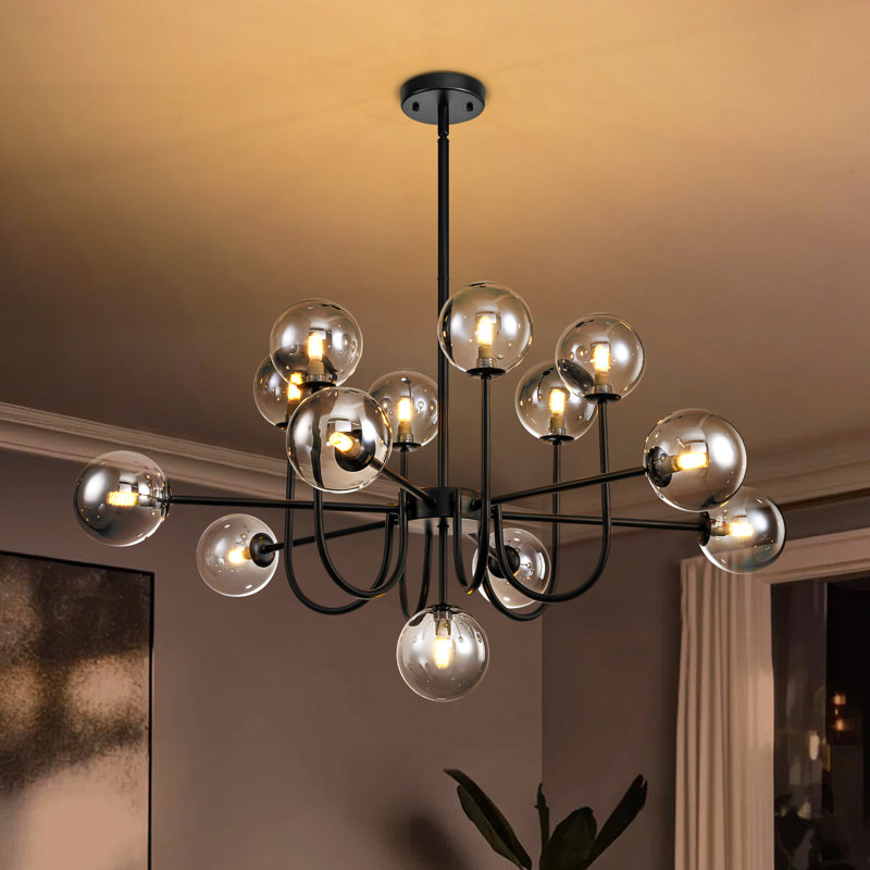 Rael 13 - Light Sputnik Modern Linear Glass Bubble Chandelier, Black/Smoky