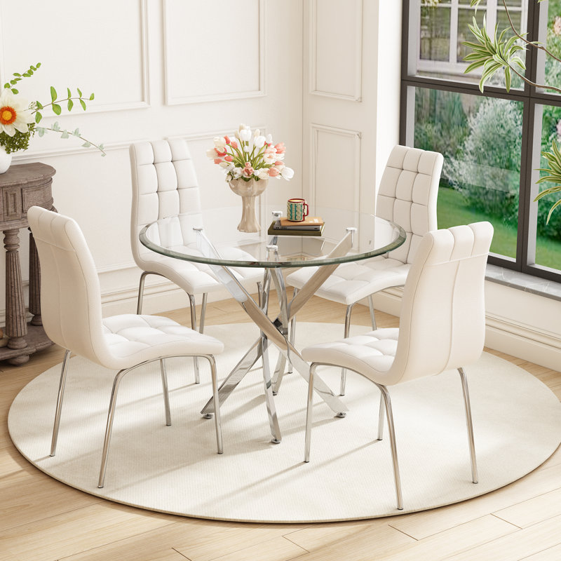 5 - Piece Pedestal Dining Set, White/Silver, Silver