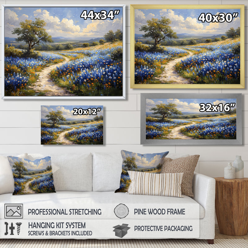«Blue Green Summer Meadow Charm Blue Bonnets III - Blue Bonnets», reproduction d'art, Toile argentée avec cadre flottant