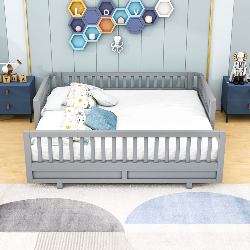 Lit plateforme en bois avec garde-corps, gris, Simple