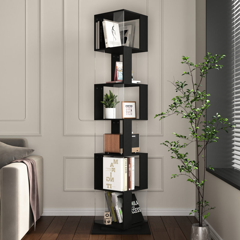 Bibliothèque rotative avec placage en bois - peu encombrante, pour la bibliothèque à 6 niveaux, Noir, H 75,11 po x l 19,82 po