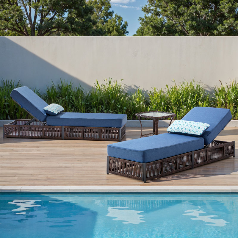 Clybourn Outdoor Patio Swimming Pool Adjustable Wicker Chaise Lounge Chair With Side Table, Blue