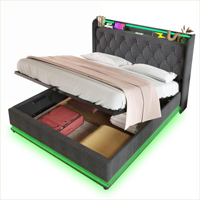 Storage Hydraulic Upholstered King Bed for Bedroom, Classic Gray Linen With 360 Surround LED and USB-C Charging