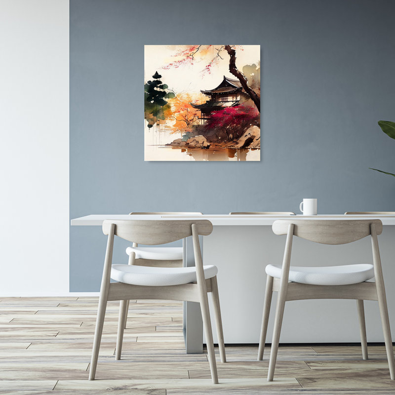 Japanese Autumn Temple Abstract Contemporary Landscape Tree Wall Art Print 1 Piece Wrapped Canvas Wall Art