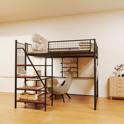 Lit mezzanine double en métal pour chambre à coucher ou dortoir - station de charge intégrée et éclairage à DEL inclus