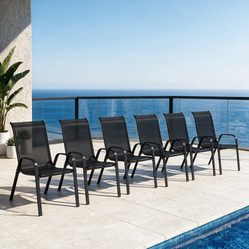 Chaises de patio empilables, tissu Textilène durable avec accoudoirs, cadre en métal robuste, chaises de salle à manger d'extérieur ergonomiques à séchage rapide pour la cour arrière et le bord de la piscine (noir, 6 pièces)