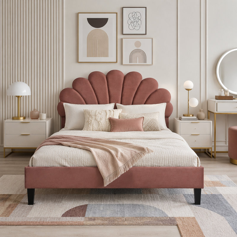 Lit plateforme tapissier avec tête de lit en velours à motif floral, Lit double, Rose
