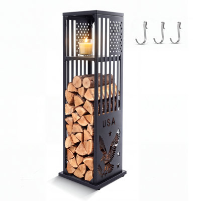 Râtelier à bûches décoratif en acier galvanisé de 112 cm (44 po) avec étagères et crochets, support de bûches robuste pour usage intérieur et extérieur jusqu'à 454 kg (1000 lb)