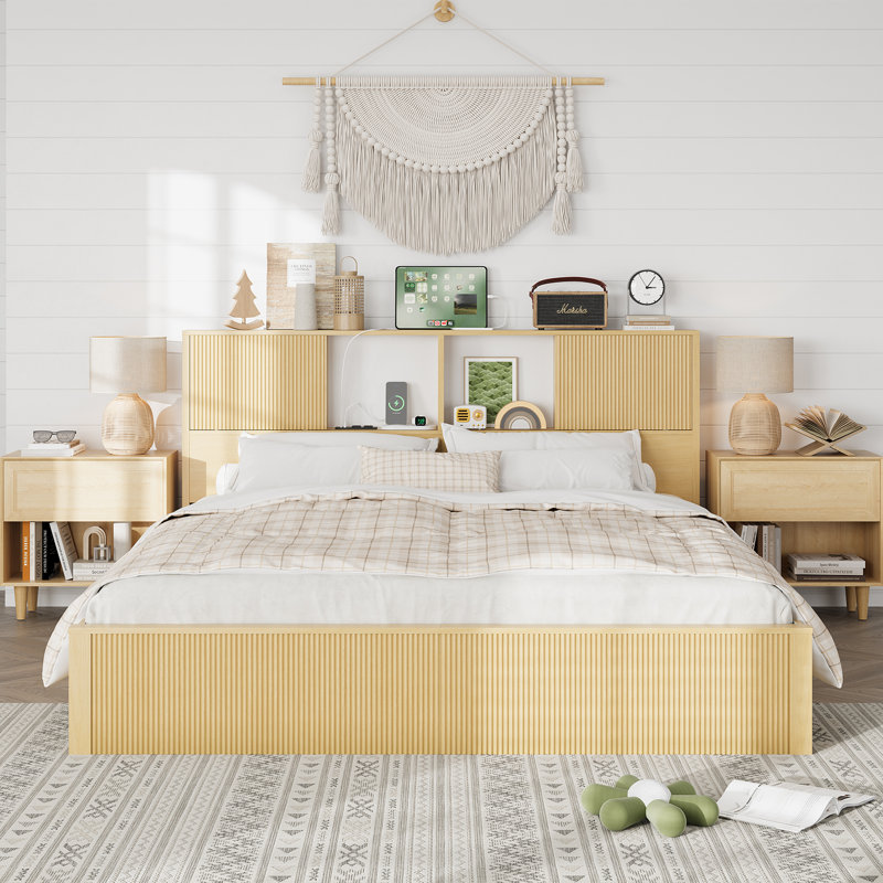 King Size Bed Frames With 4 Storage Drawers & 2-Tier Storage Headboards & Built-In USB Ports & Power Outlets, King