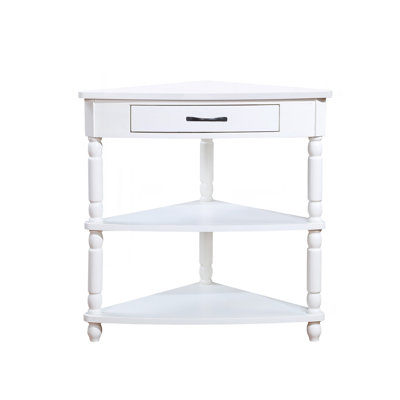 33.8'' Small Triangle Corner Table, Wood Corner Side Table for Small Spaces/ Living Room, 3 Tier End Corner Table with Solid Wood Legs, Milk White