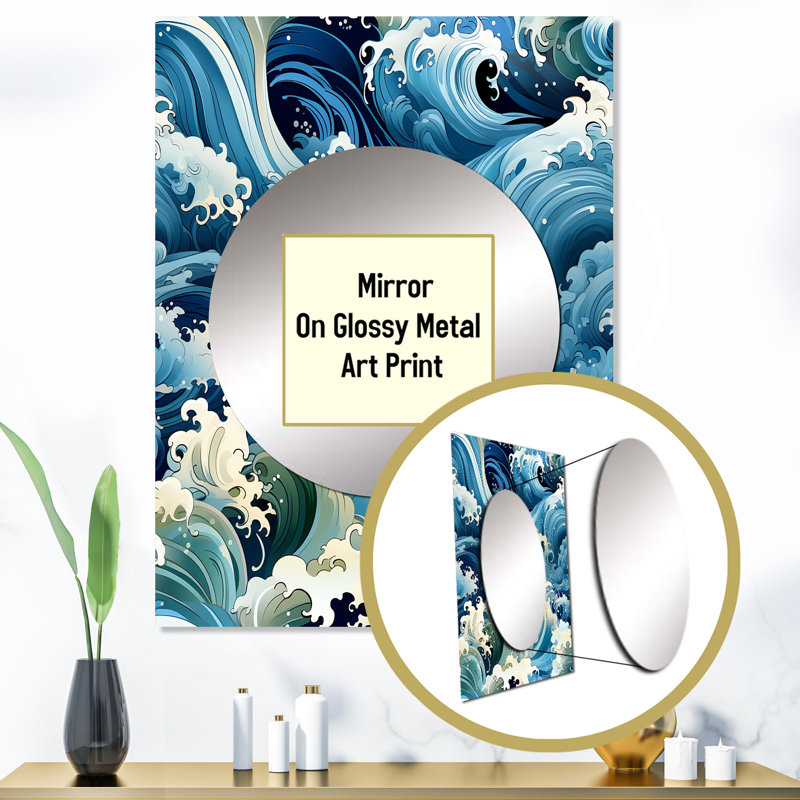 Narcizo Water Elements - grand miroir mural vague japonaise, miroir oriental unique, impression d'art en métal, 40 po x 30 po