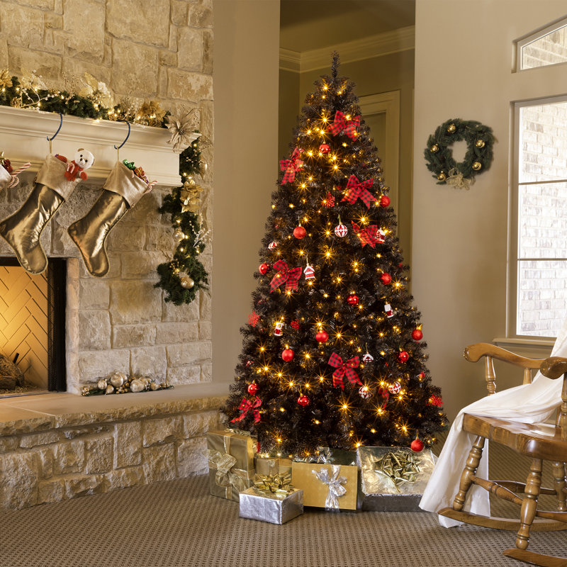 Arbre de Noël artificiel de 7,5 pi, pin articulé, ornements, jupe d'arbre et télécommande, décoration de bricolage, idéal pour la présentation festive de la maison / bureau / fête