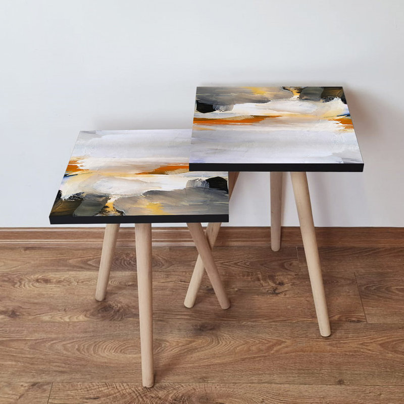 Modern Nesting Table Set (2 Pieces), Abstract Design, Beech Wood Legs, 13.8 x 18.5 x 13.8 in & 13.8 x 16.5 x 13.8 in | 100% MDF Construction, 0.7 in Thickness | Ideal for Living Room, Stylish & Functional