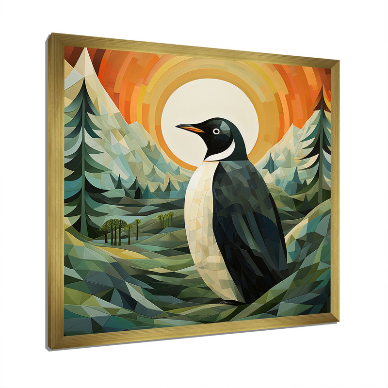 «Penguin Forest At Sunset», art mural sur toile, pingouin, Cadre naturel flottant, H 30 po x l 30 po