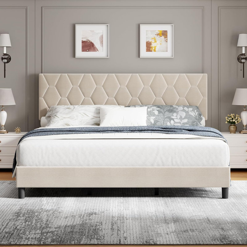 Heavy-Duty Platform Bed Frame with Strong Wood Slats, Beige, Queen