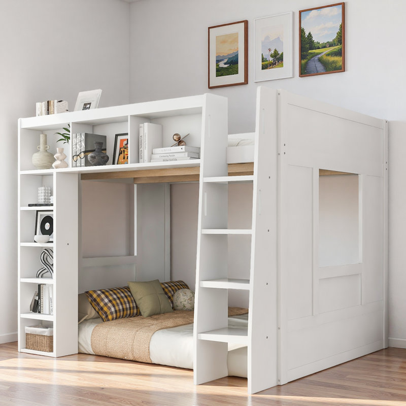 Lit mezzanine en bois avec armoires de rangement et bibliothèques, Blanc