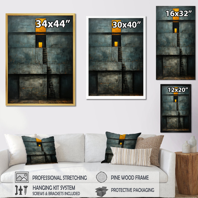 «Quiet Wisdom Minimal Orange On Vintage Blue - Modern Geometric Wall Art Living Room, 44" H x 34" W, Toile tendue