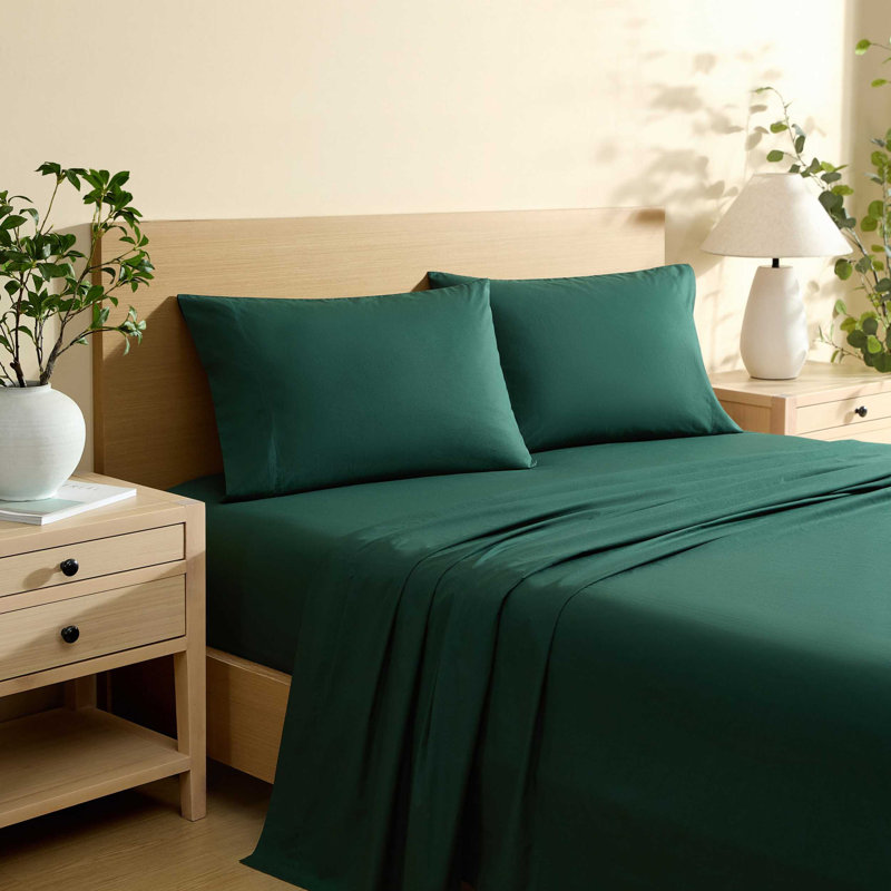 Ensemble de draps en percale de coton 200 fils Bradford, Ensemble de draps pour lit simple avec 1 taie d'or, Vert uni