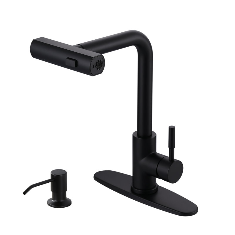 Robinet de cuisine 3 casiers à poignée simple et douchette en acier inoxydable, Noir mat, Avec distributeur de savon
