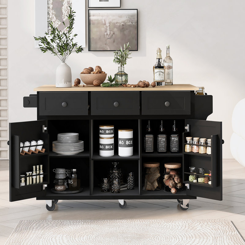 Kitchen Cart With Rubber Wood Drop-Leaf Countertop, Cabinet Door Internal Storage Racks, Black