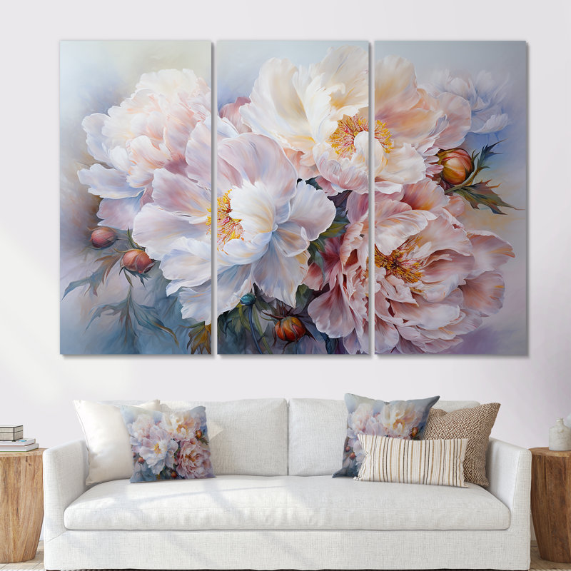 Rose et blanc, pivoines, florescence, ensemble de reproductions d'art mural pivoines, Toile tendue
