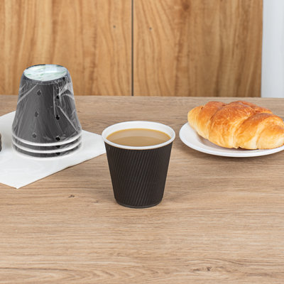 Restaurantware Hot Paper Cups 500 Pack of 8 oz Individually Wrapped Paper Cups Disposable Hot Drink Ripple Wall Insulated Freezer-Safe Rolled Rim Black Beverage Cup for Coffee, Tea, Chocolate