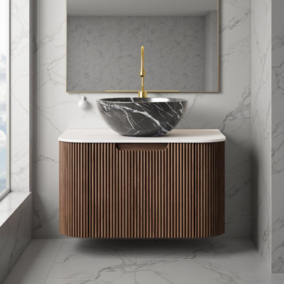 Meuble-lavabo flottant - comptoir en céramique noire, comptoir à motif de pierre et armoire rayée 3D noyer foncé, sans robinet