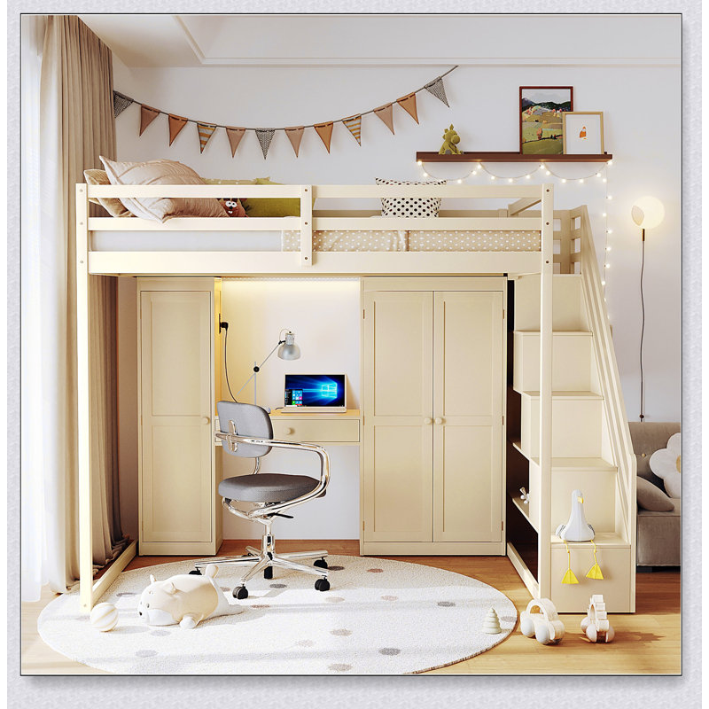 Loft Bed With Storage Staircase,Built-In Dressing Table With Mirror And Drawer, Wardrobe & Cabinets, USB Charging Ports And Lights
