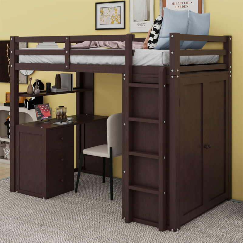 Ilianka Twin Loft Bed with Drawers,Desk and Wardrobe, Espresso