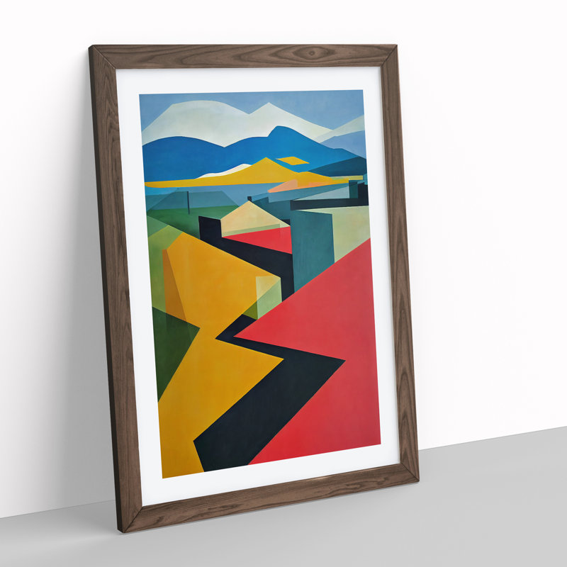 Mountain Landscape Abstract Blocks - Single Picture Frame Painting, 64cm H x 46cm W x 2cm D, Walnut