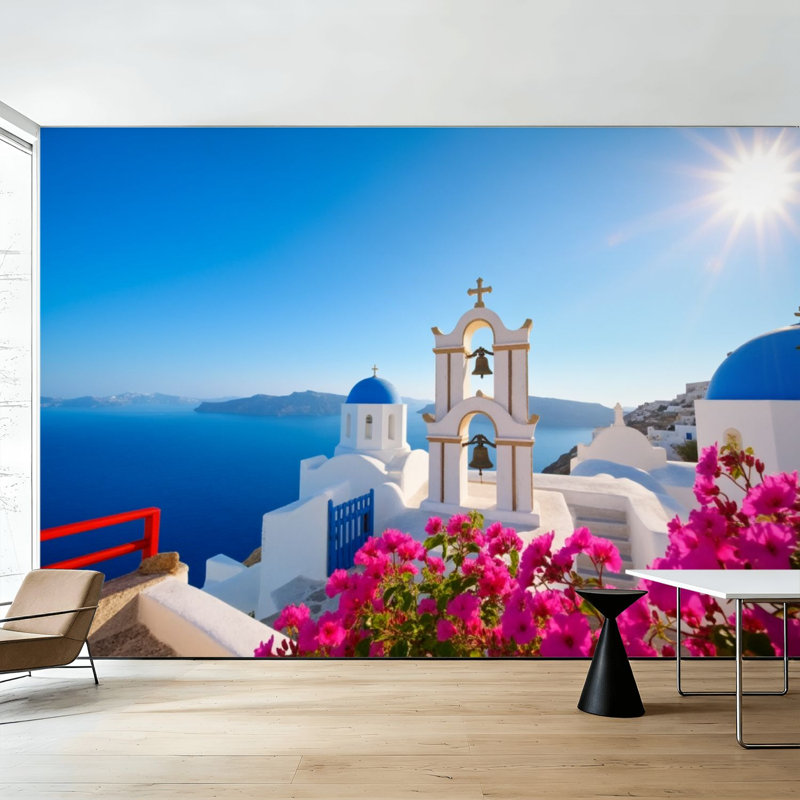 Adhésif mural amovible auto-adhésif et amovible «Oia village Santorini», L 99,6 po x l 144 po
