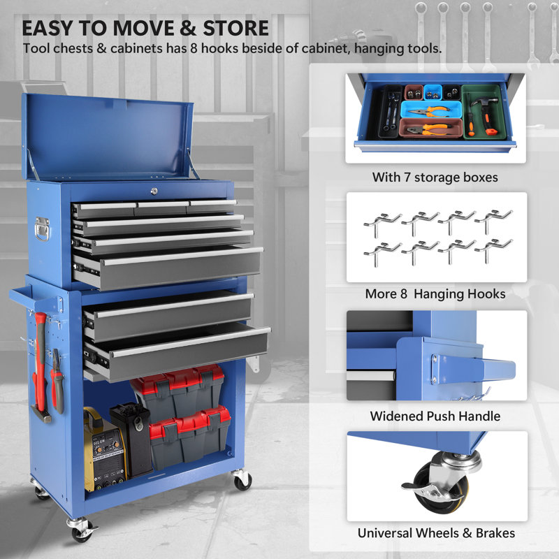 8-Drawer Rolling Tool Chest with Wheels, Large Tool Cabinet with Drawers, Blue/Gray
