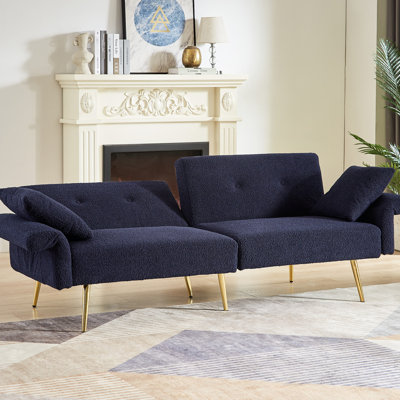 , Bleu foncé, pieds en métal doré, poche latérale ajustable, espace de vie moderne avec lit à 3 places avec poche et accoudoir à 4 angles pour téléviseur