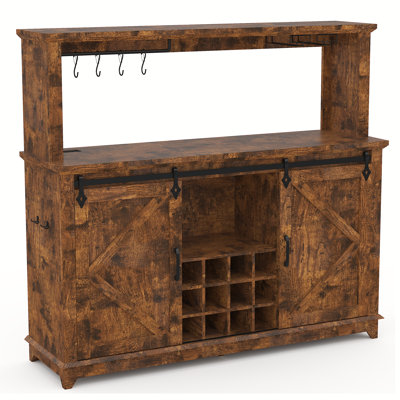 Farmhouse Coffee Bar Cabinet 55" – Sliding Barn Door, Power Outlet, LED Light, Removable 12-Bottle Wine Rack, Storage Drawers – Buffet Sideboard for Kitchen, Dining, or Living Room, Brown
